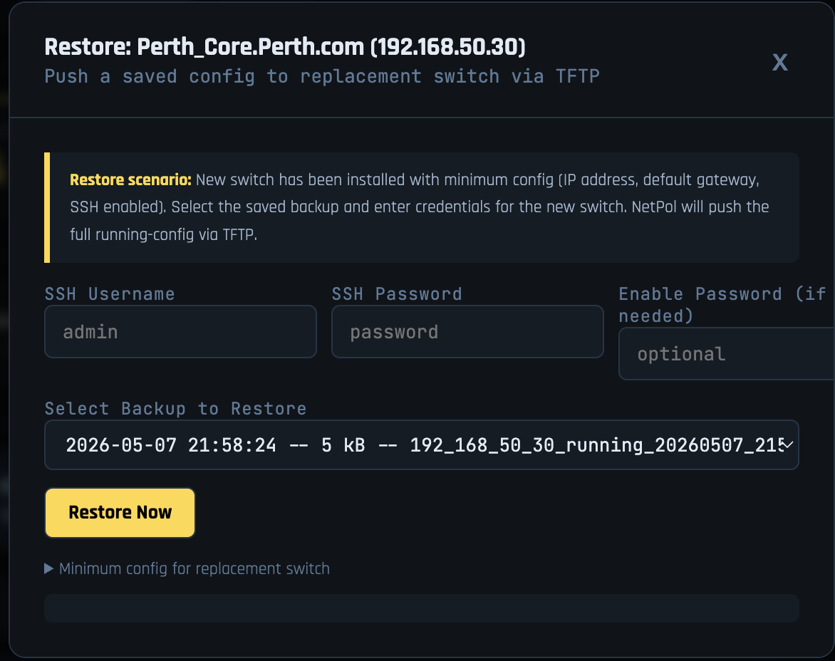 NetPol configuration restore modal
